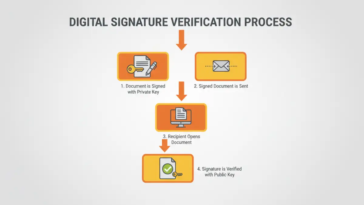 secure document integrity - Infographic flowchart explaining the steps of digital signature verification for file authenticity.