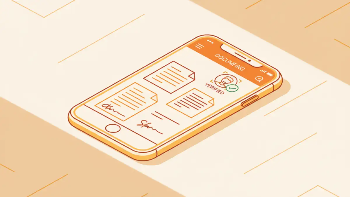 secure document liveness detection secure document liveness detection - Illustration of a mobile app using facial recognition security to verify a user before signing a document.