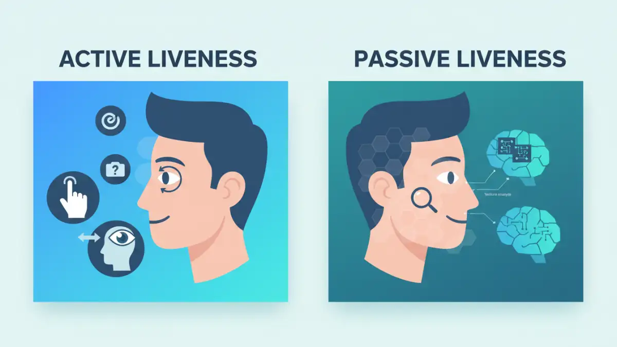 secure document liveness detection secure document liveness detection - Infographic comparing active liveness detection challenges with passive liveness background analysis.