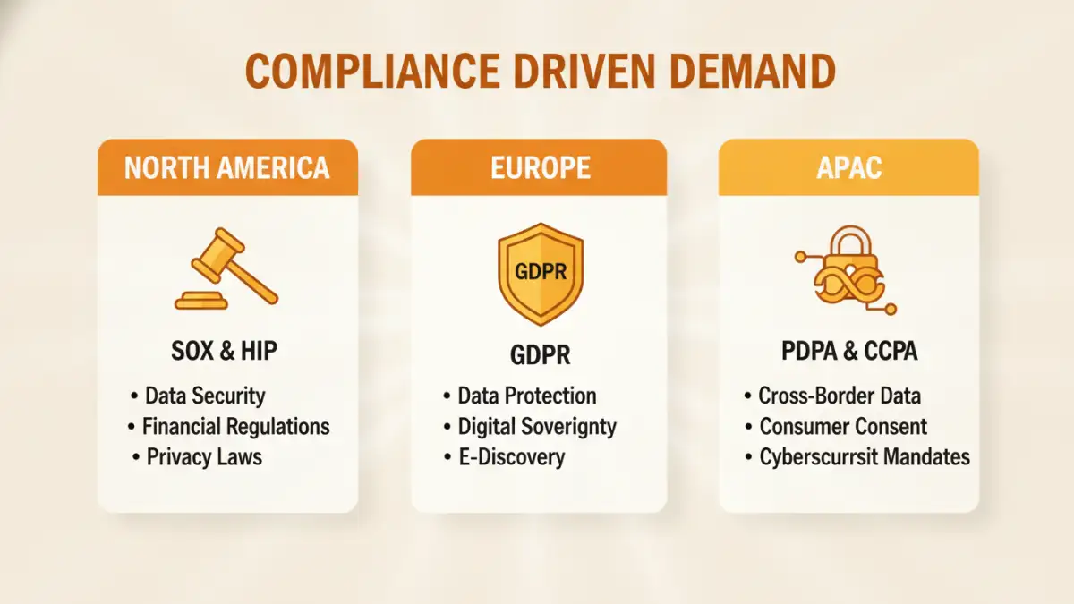 secure document management market Infographic comparing compliance drivers like GDPR and HIPAA in the secure document management market.
