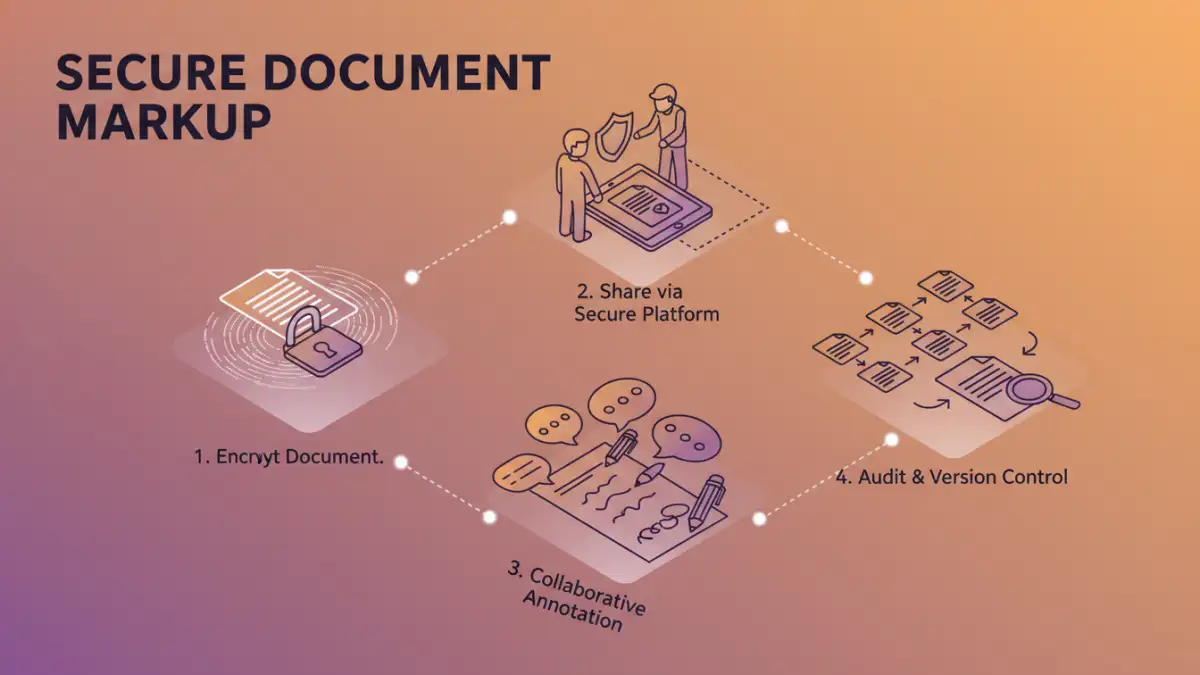 Educational infographic showing secure document markup process and key concepts