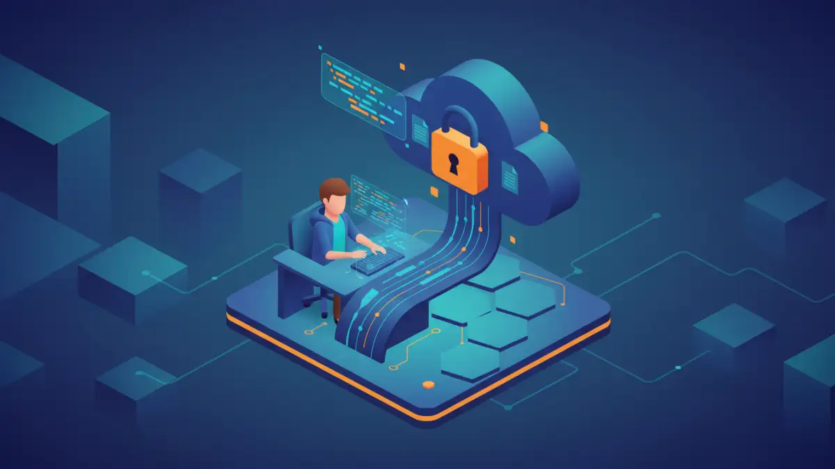 Developer integrating a secure document sharing API with code and security icons