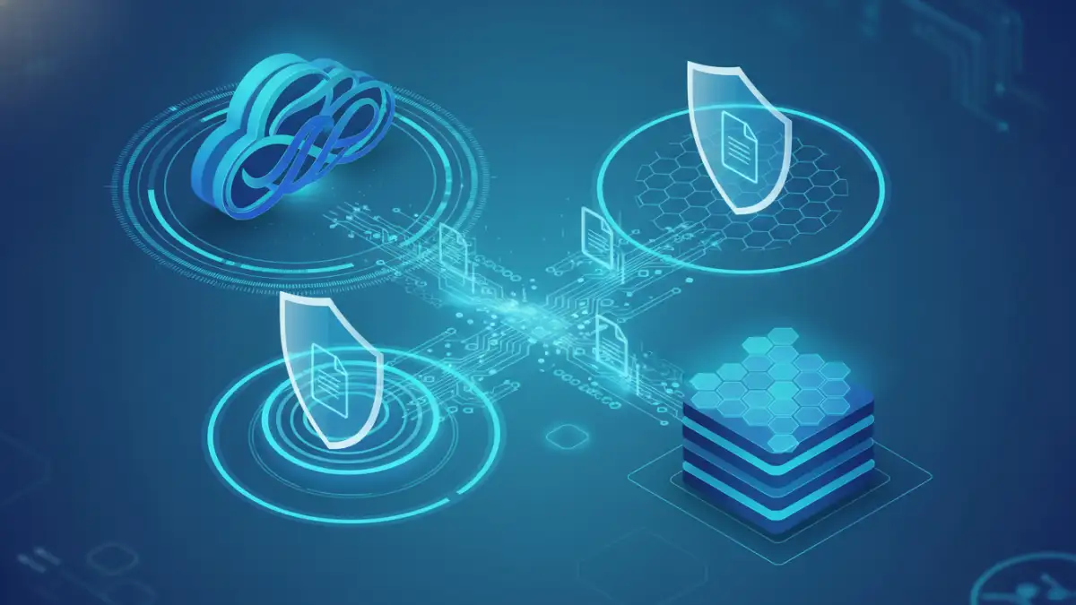 Abstract visualization of secure document sharing between cloud and local storage with layered security shields