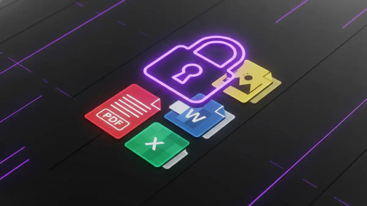 secure document sharing - Digital padlock icon protecting a stack of various document types, symbolizing file security