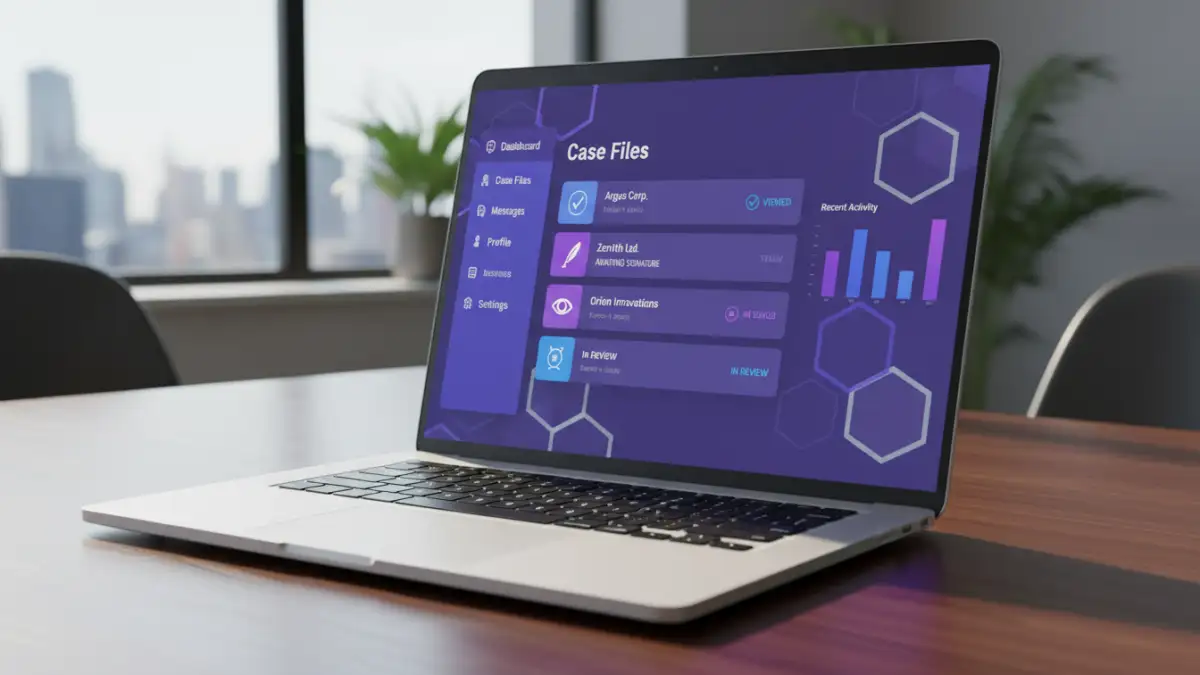 secure document sharing legal secure document sharing legal - A laptop screen showing the dashboard of a client portal for lawyers.