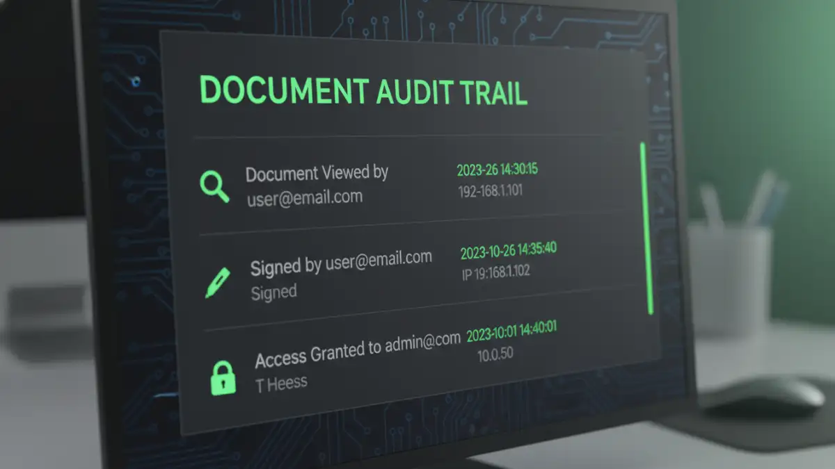 secure document signature apps - A close-up of a digital audit trail from an e-signature app, showing timestamps and user actions.