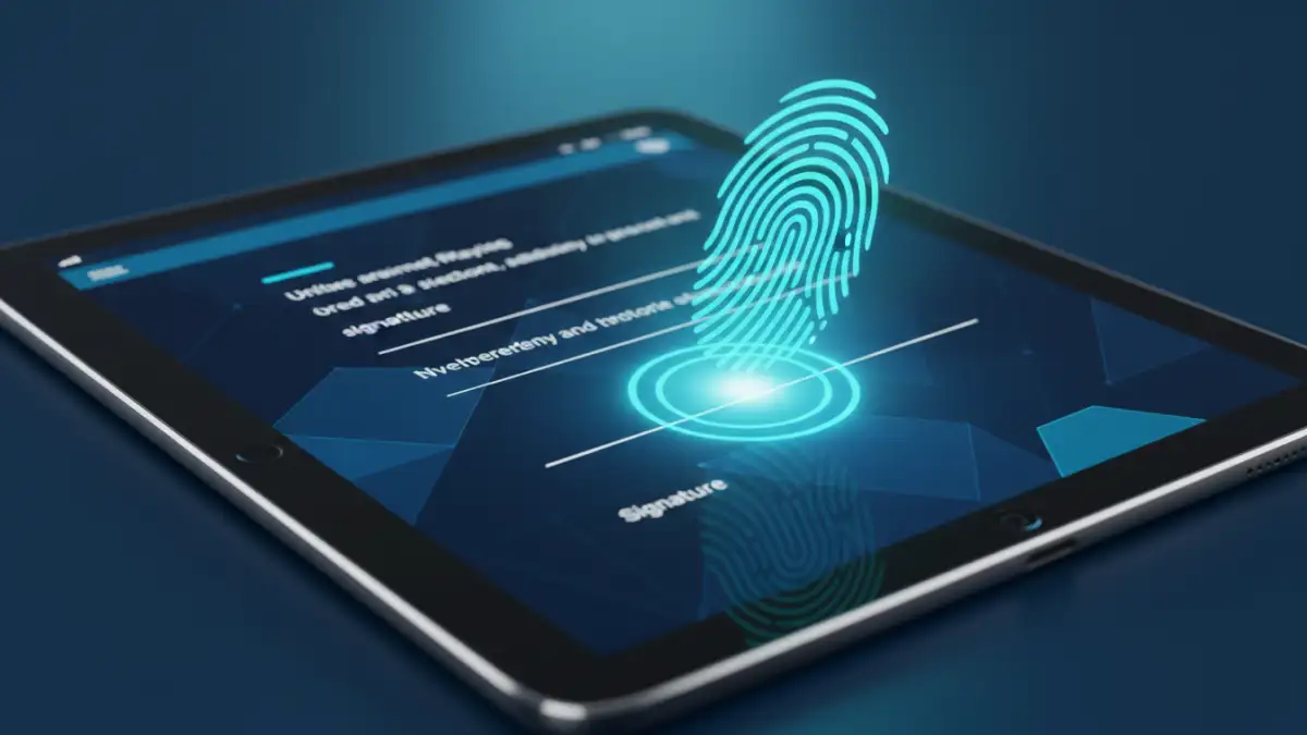 secure document signing - A secure electronic signature being applied to a digital contract using biometric authentication.