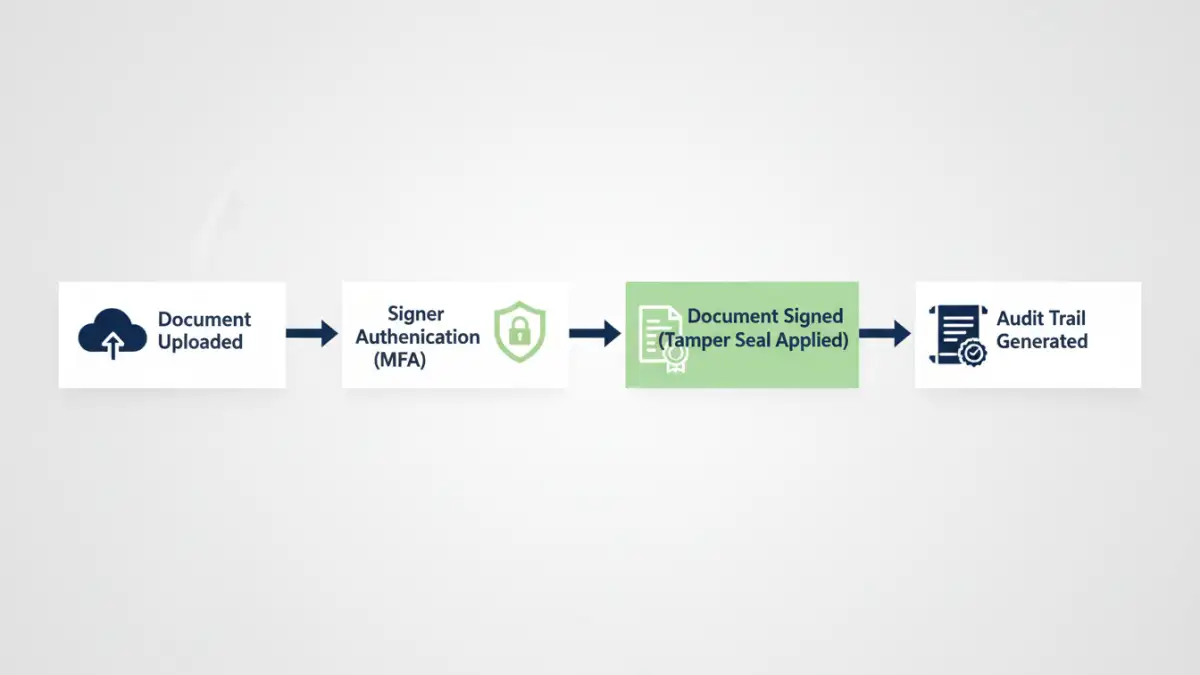 secure document signing - Infographic showing the steps involved in a secure e-signature workflow