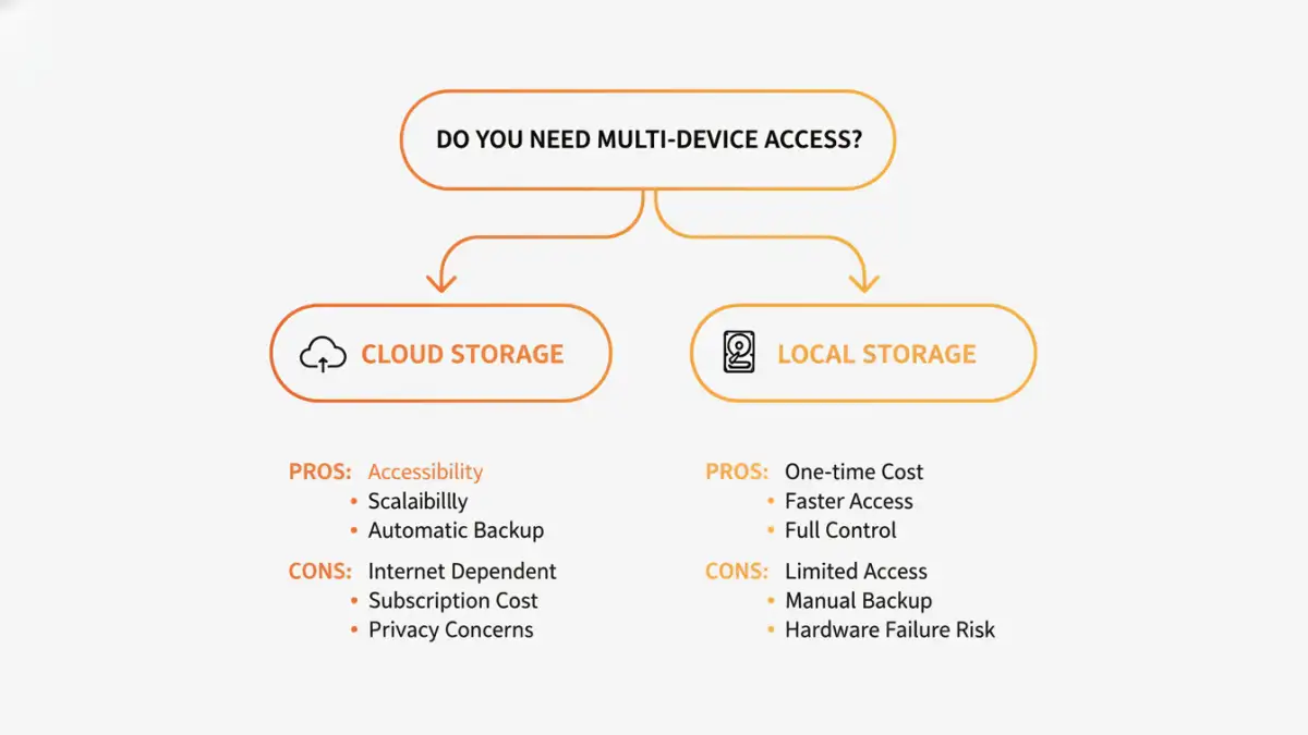 secure document storage - Flowchart helping to decide between cloud and local document storage based on security and access needs.