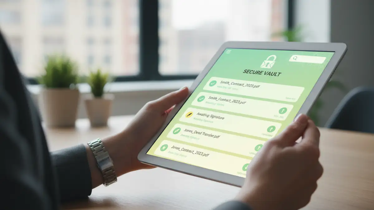 secure document vault secure document vault - A real estate agent securely accessing client files on a tablet using a document vault application.