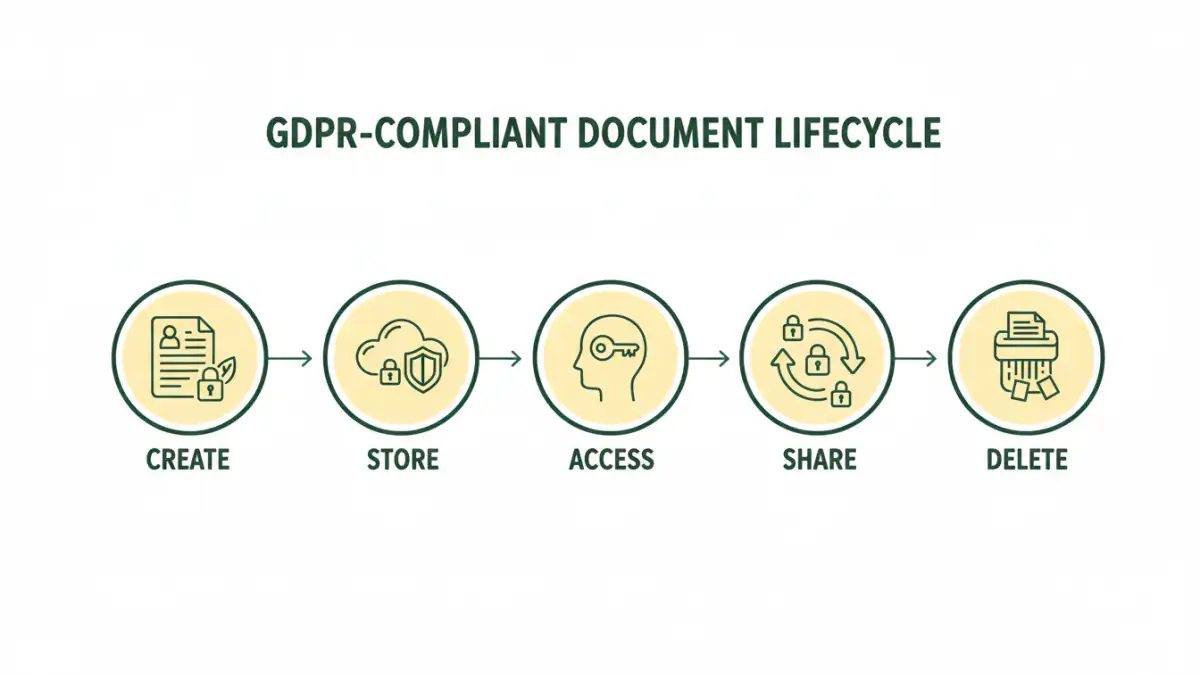 secure document workflows - Infographic showing the five stages of a GDPR-compliant document lifecycle.