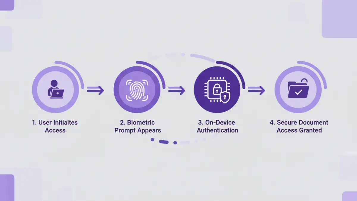 secure documents biometric access secure documents biometric access - Infographic flowchart explaining the process of biometric authentication for document security.