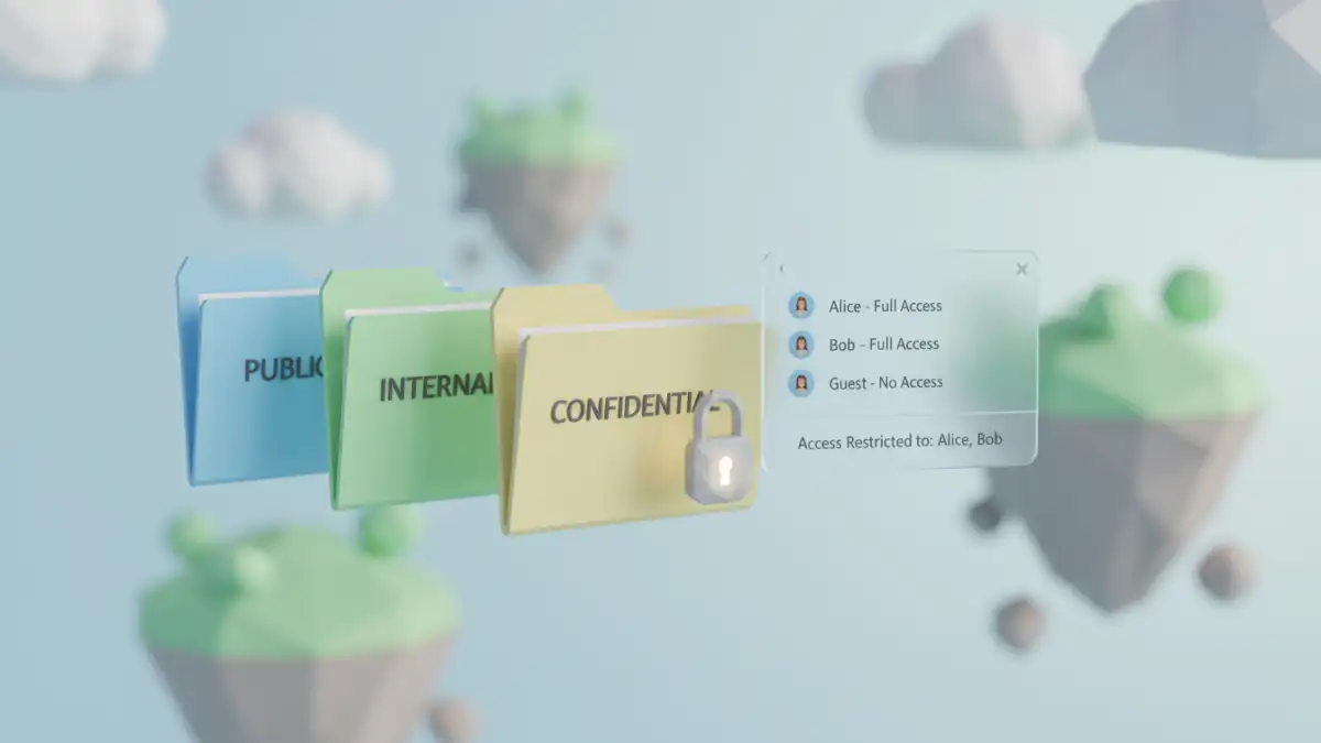secure documents for remote teams - A visual example of a cloud storage system with folders classified by security level, demonstrating remote work file security.