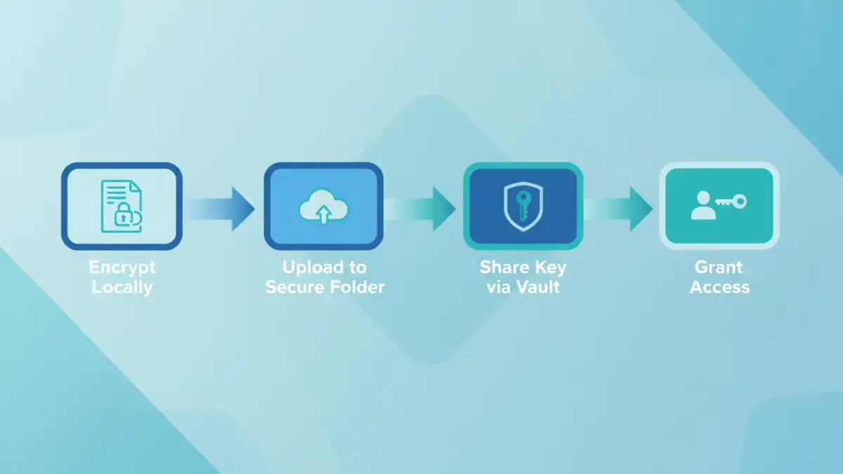 secure documents for remote teams - A flowchart detailing the four steps for securely sharing an encrypted document with a remote team member.