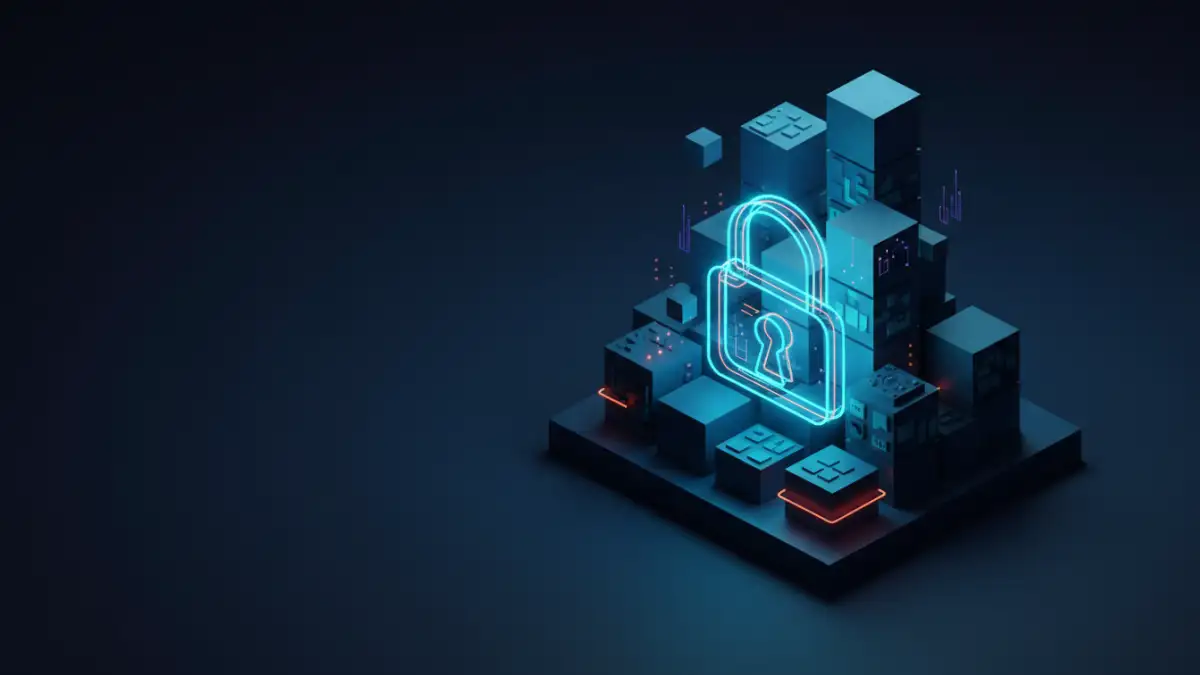 Illustration of secure encrypted documents with digital lock and data blocks