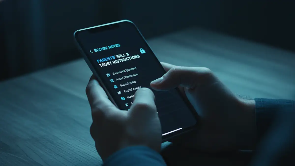 secure family documents secure family documents - A person securely accessing a digital will using a password manager on their phone.
