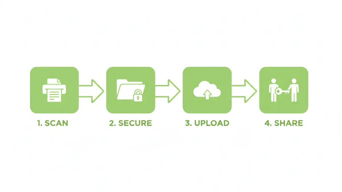secure family documents Infographic showing the four steps to secure family documents: scan, encrypt, upload, and share.