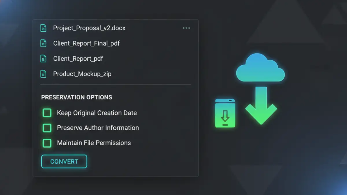 A mockup of a software tool for secure file conversions showing options for file metadata preservation.