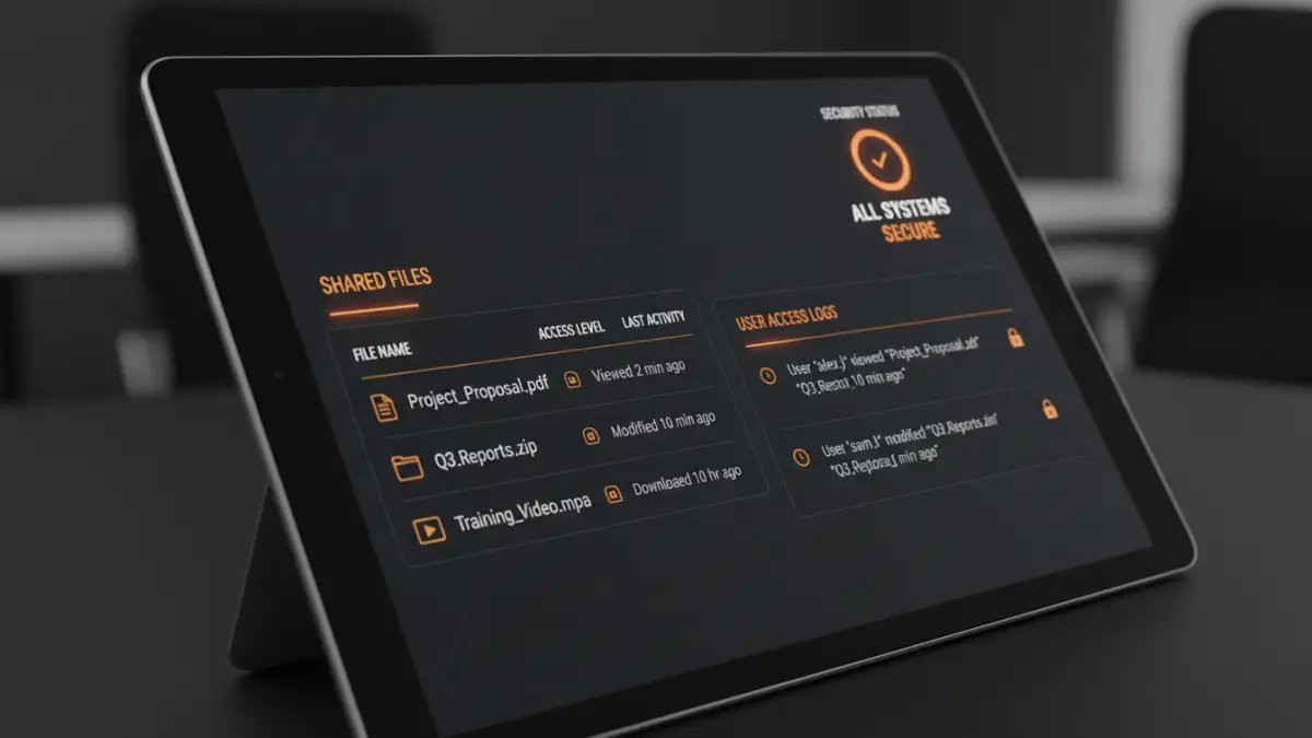 secure file sharing enterprise - A screenshot of a client portal security dashboard showing user permissions and activity logs.