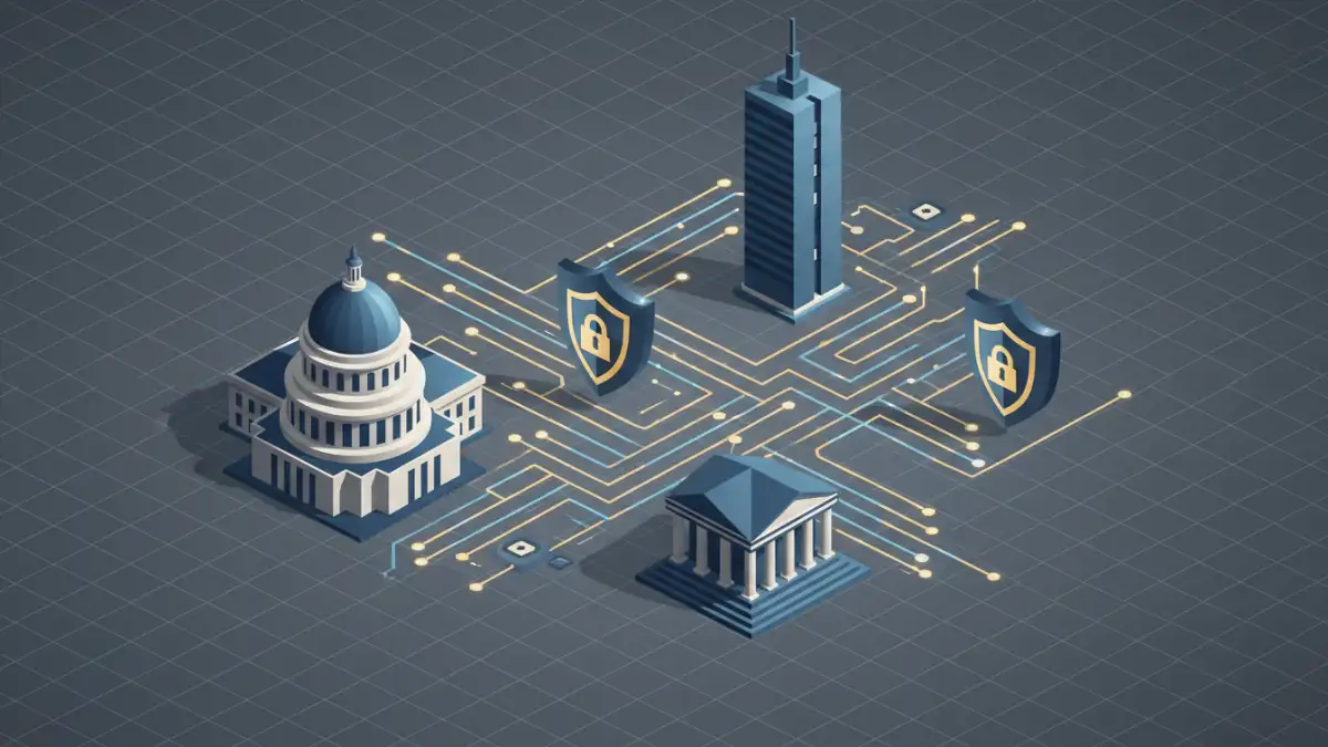 secure file sharing government - Secure file sharing for government agencies shown with encrypted data streams between buildings