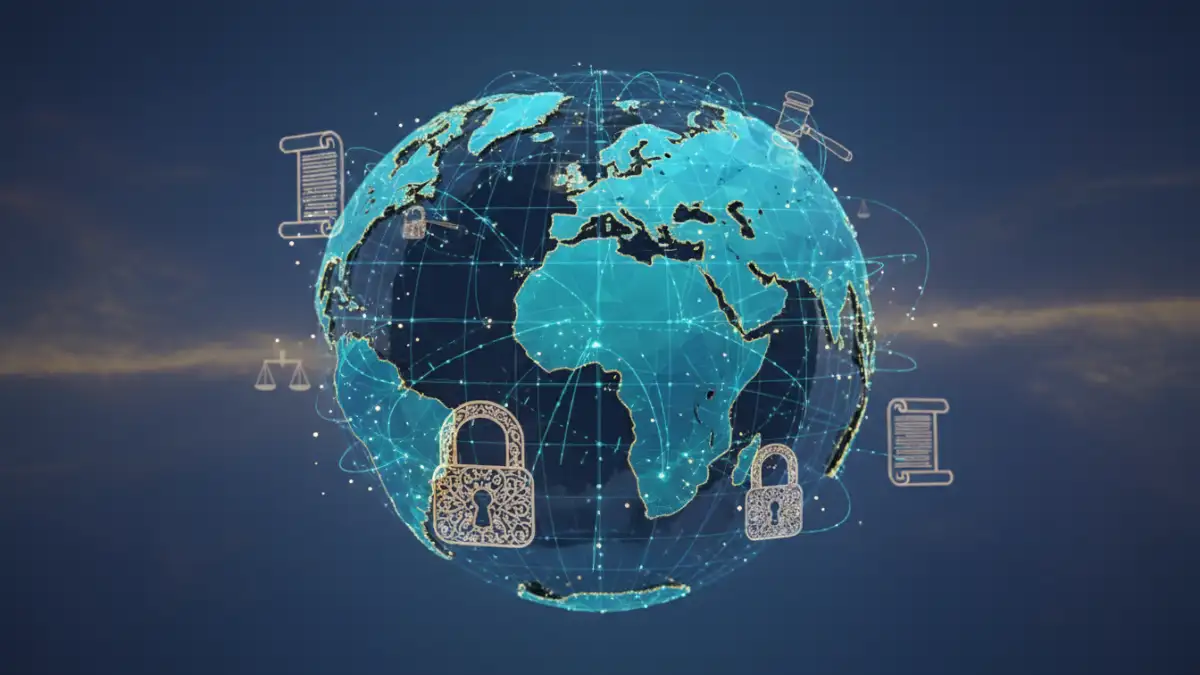 secure file sharing laws Global secure file sharing laws visualized with interconnected data and security icons