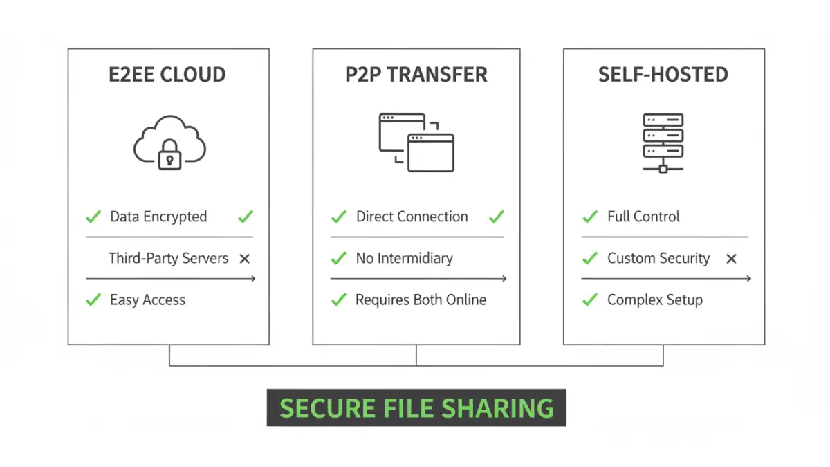 secure file sharing methods - Infographic comparing the pros and cons of different encrypted file transfer methods.