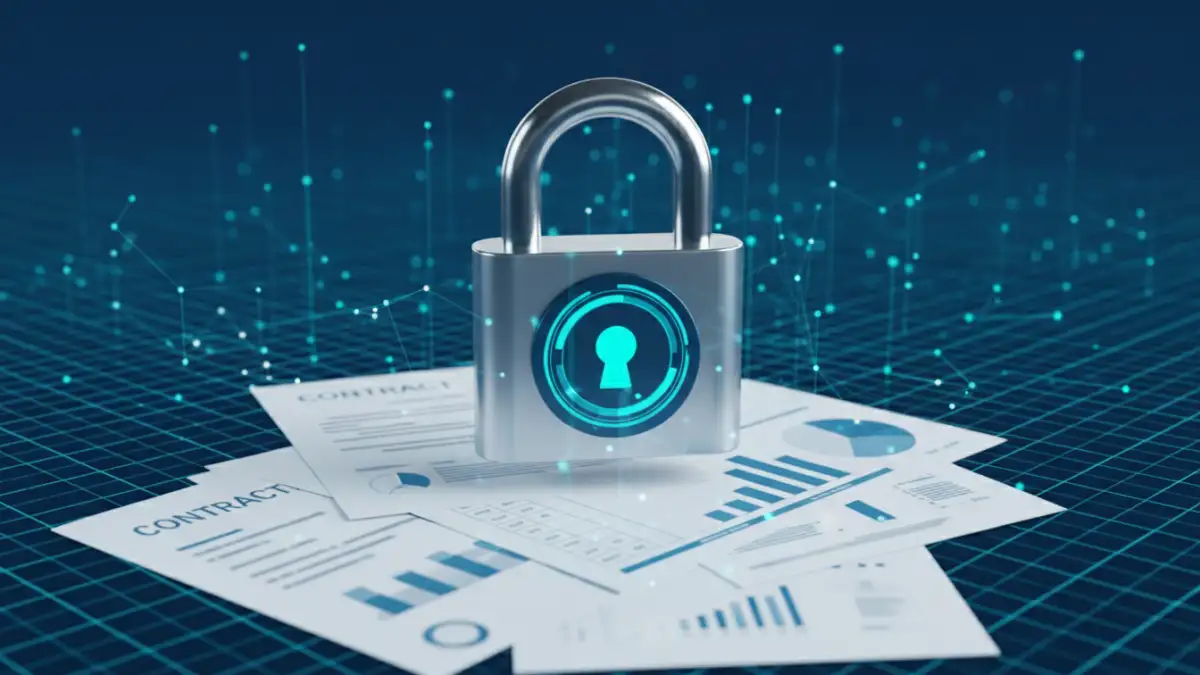 secure file sharing permissions Illustration of secure file sharing permissions with a digital lock and business documents