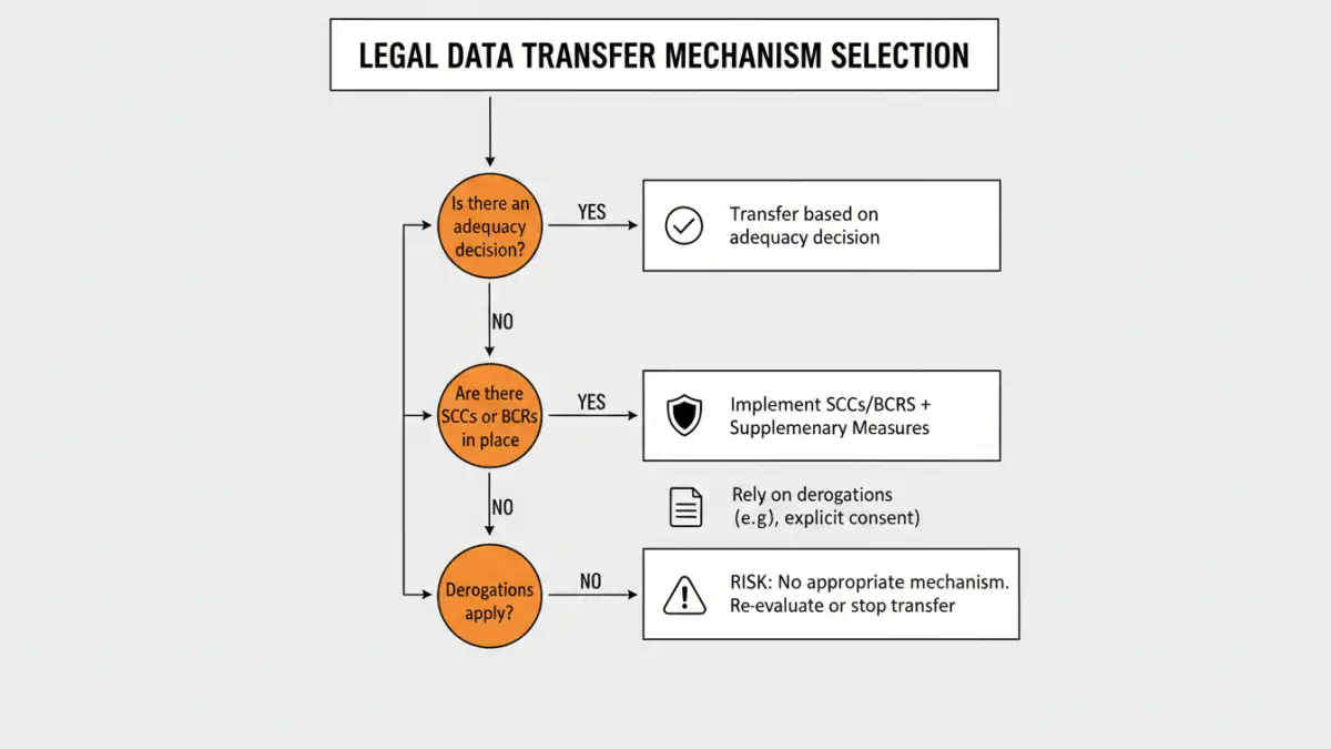 secure file sharing regulations secure file sharing regulations - Flowchart explaining how to choose a compliant data transfer mechanism like SCCs or DPF.