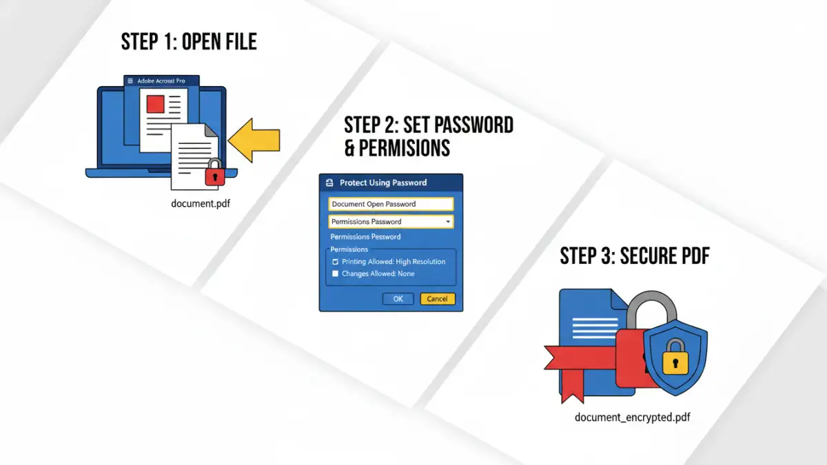 secure intellectual property pdf - Infographic showing how to encrypt a PDF using Adobe Acrobat Pro