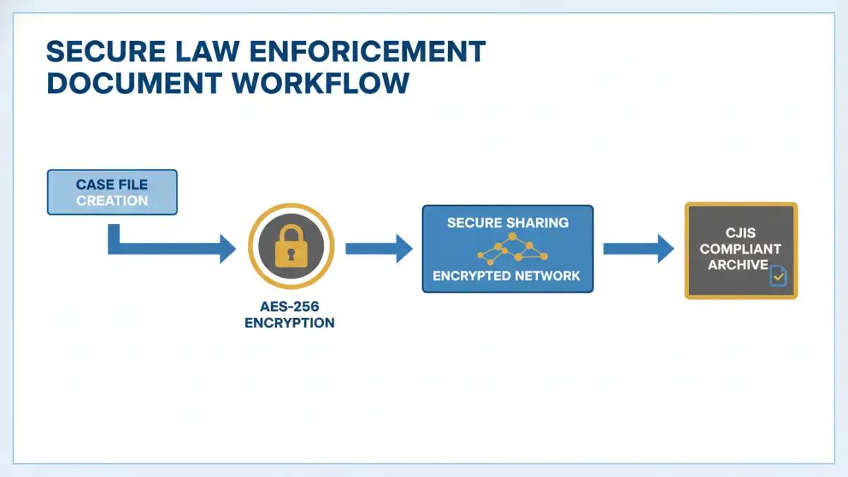 secure law enforcement pdfs - Infographic showing the secure document workflow for police reports and evidence files.