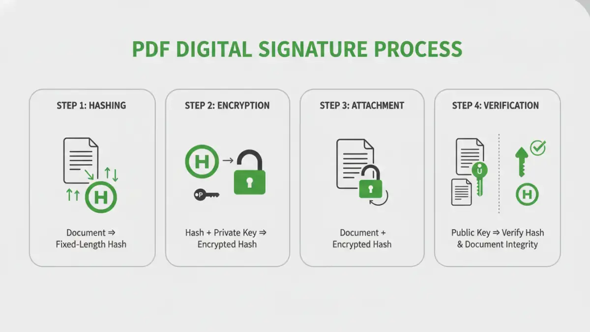 secure pdf digital signatures secure pdf digital signatures - Infographic explaining the digital signature algorithm step-by-step