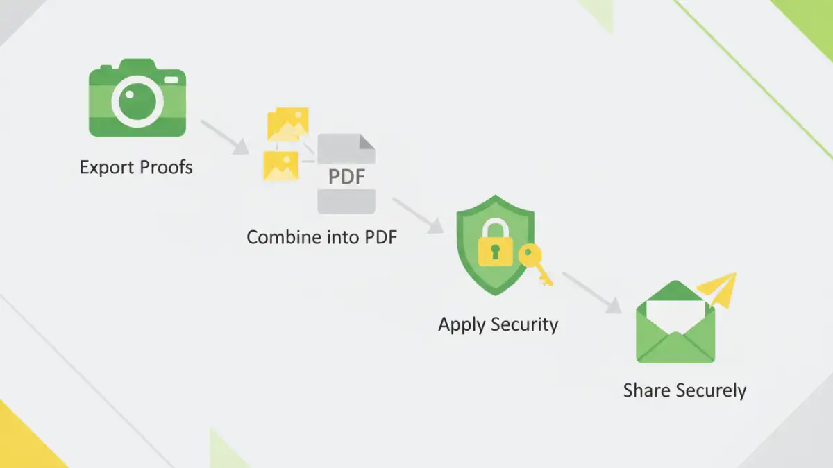 secure pdf for photographers secure pdf for photographers - Infographic showing the 4-step process for creating a secure PDF for client photo proofing.