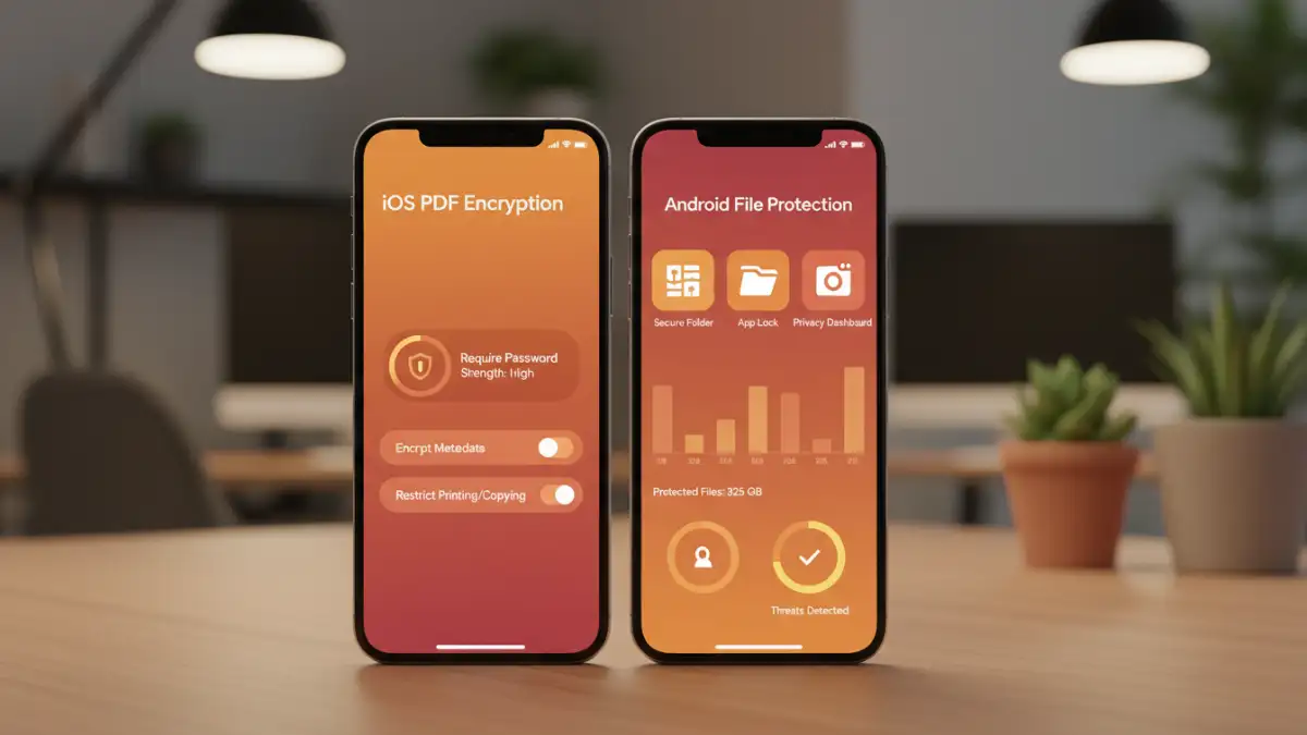 secure pdf management - Side-by-side comparison of the app's interface for iOS PDF encryption and Android file protection.