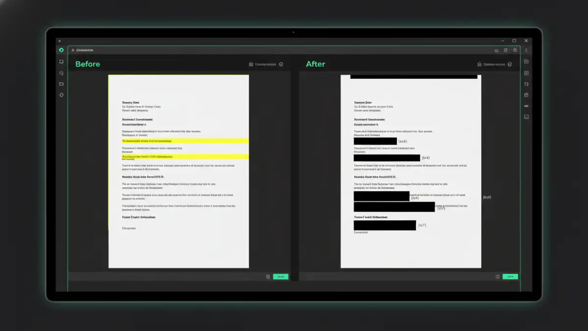 A before-and-after comparison of a document undergoing secure PDF redaction using professional software.
