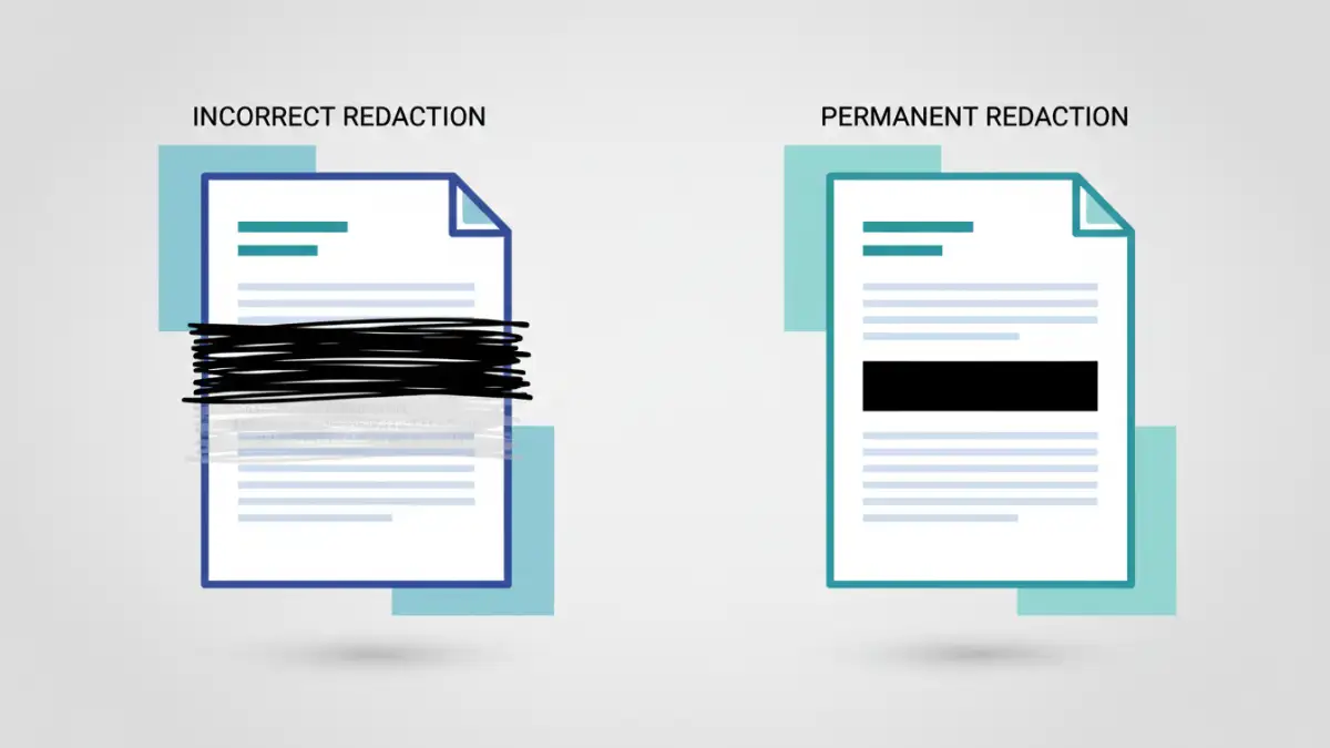 secure pdf redaction tool - A comparison showing the difference between incorrect and permanent redaction.