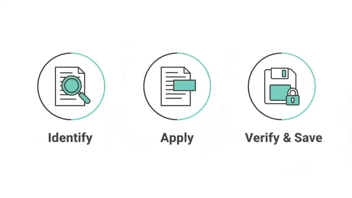 secure pdf redaction tool - Infographic showing the three steps to correctly redact a PDF document.
