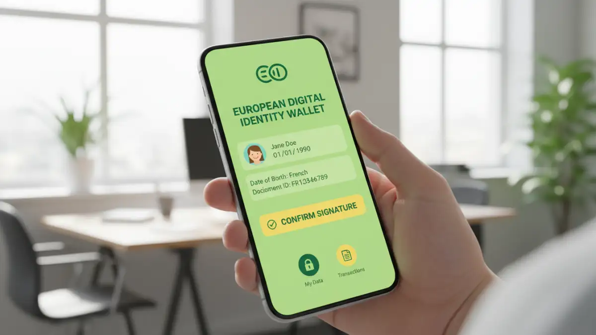 secure PDF signing Europe secure PDF signing Europe - A smartphone screen displaying the EU Digital Identity Wallet interface for document signing.
