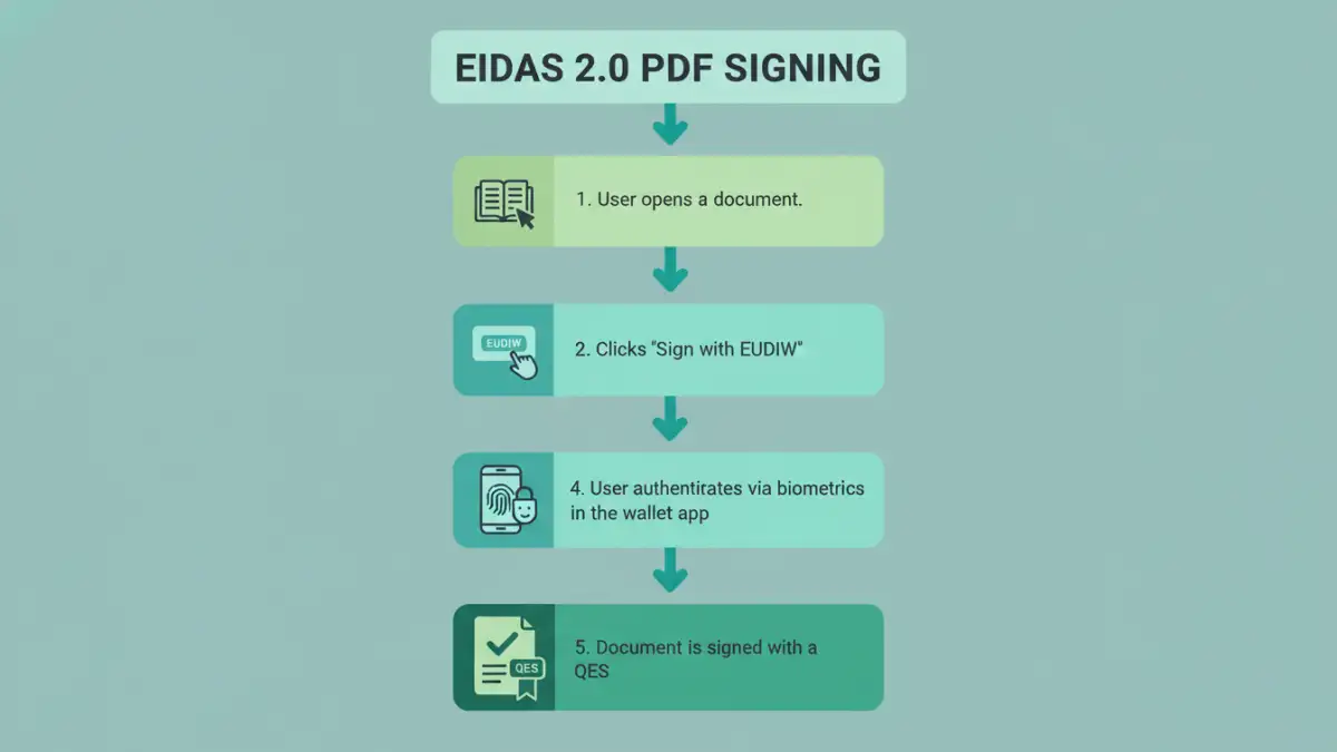 secure PDF signing Europe secure PDF signing Europe - Infographic flowchart showing the steps for secure PDF signing using the EU Digital Identity Wallet under eIDAS 2.0.