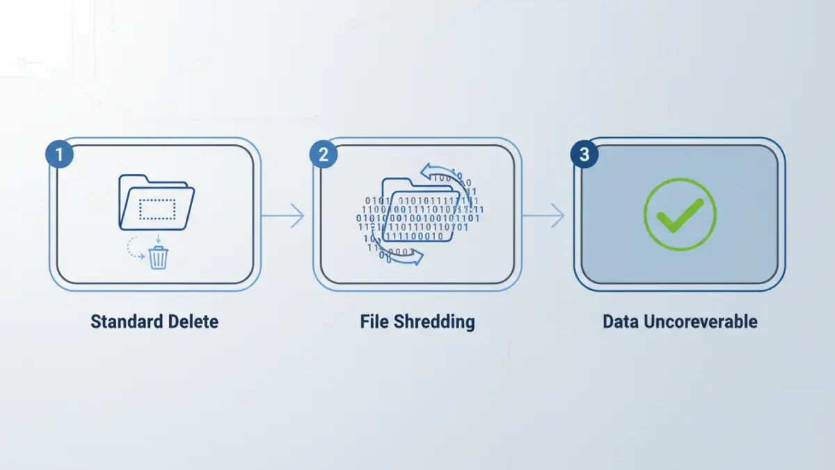 securely delete pdf files - Infographic explaining the difference between standard deletion and secure file shredding.