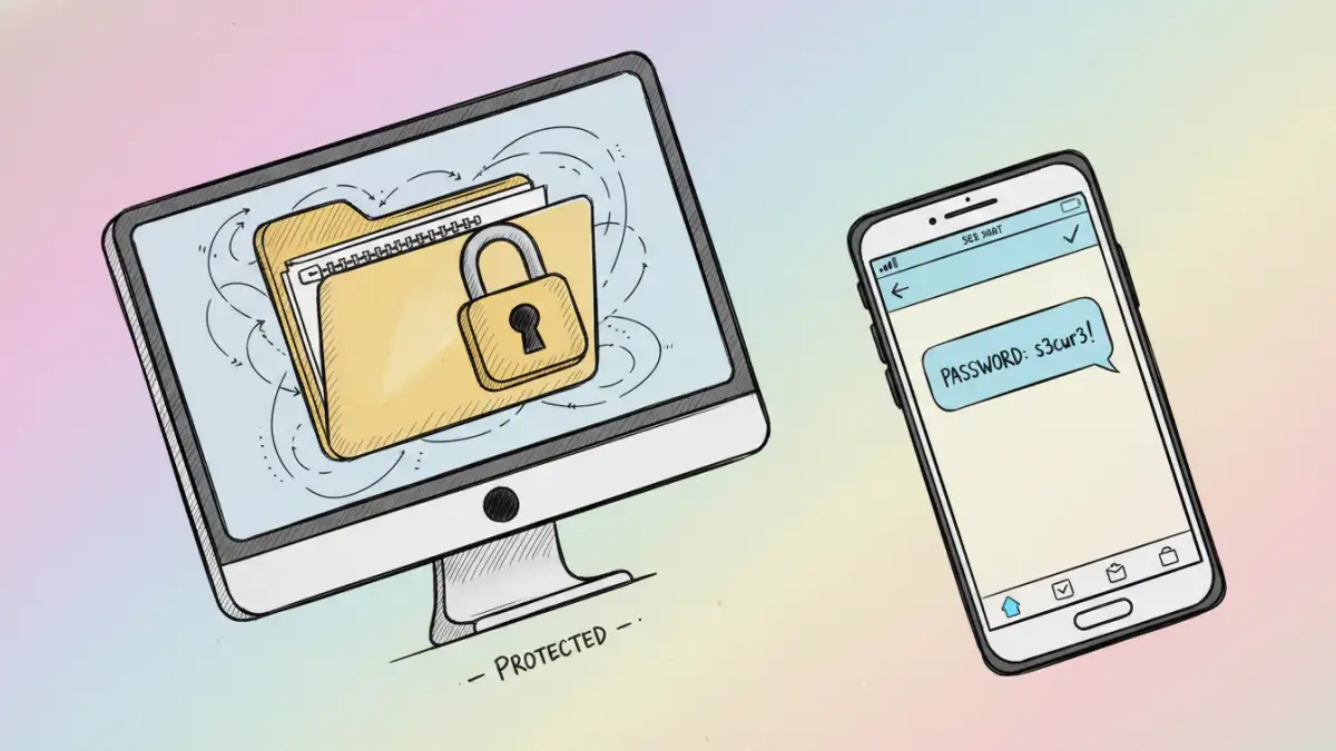 securely share a document - An illustration showing a secure ZIP file and a password being shared via a secure messaging app.