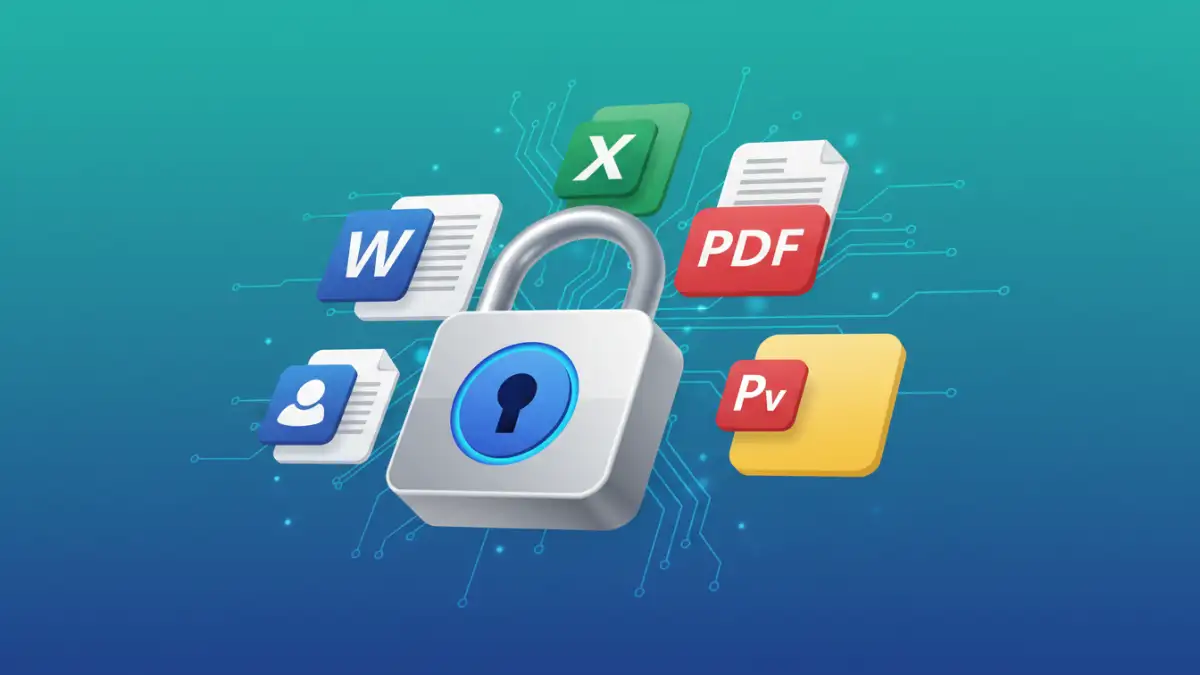 securely share files - Illustration of a padlock securing multiple office documents, symbolizing secure file sharing.