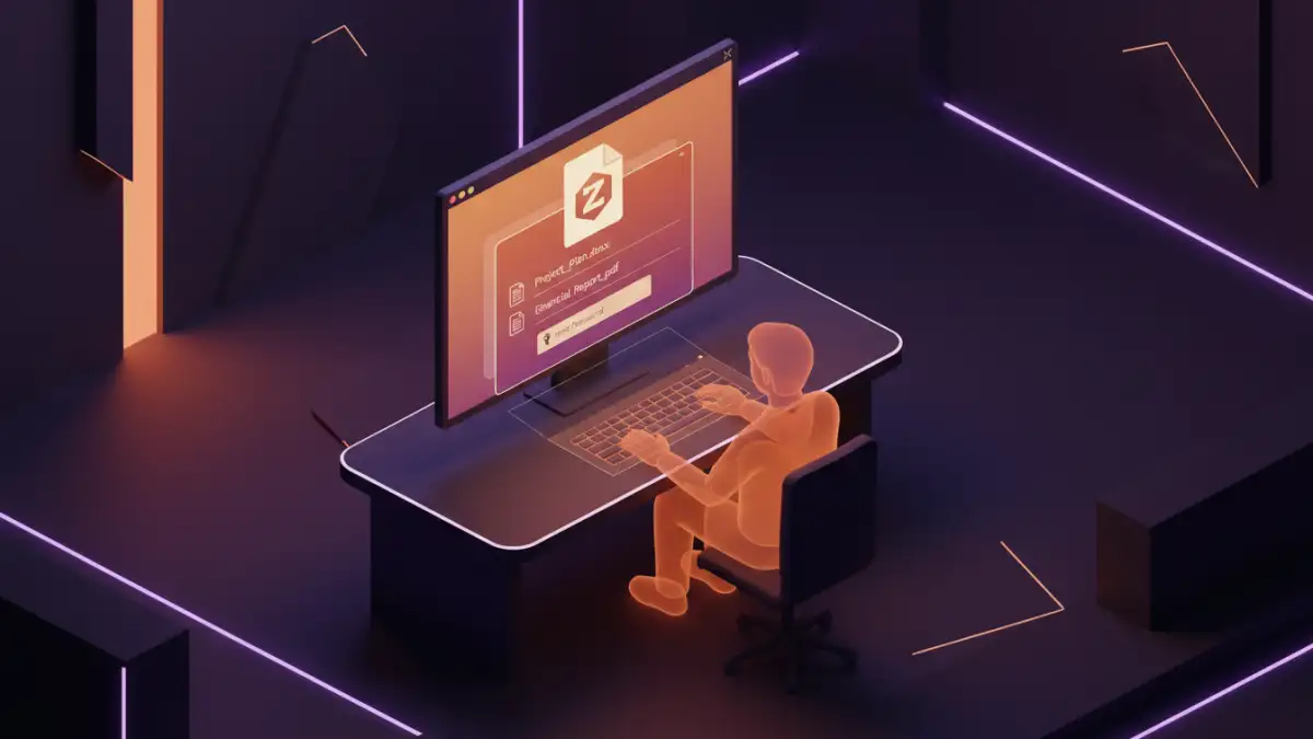 securely share files - 3D isometric view of a user encrypting multiple files into a single archive.