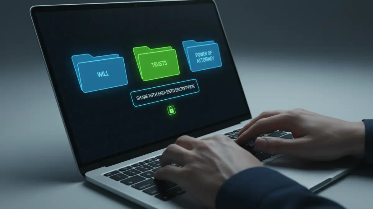 securely shared family documents securely shared family documents - A person using a laptop to encrypt and share legal documents in a secure cloud storage application.