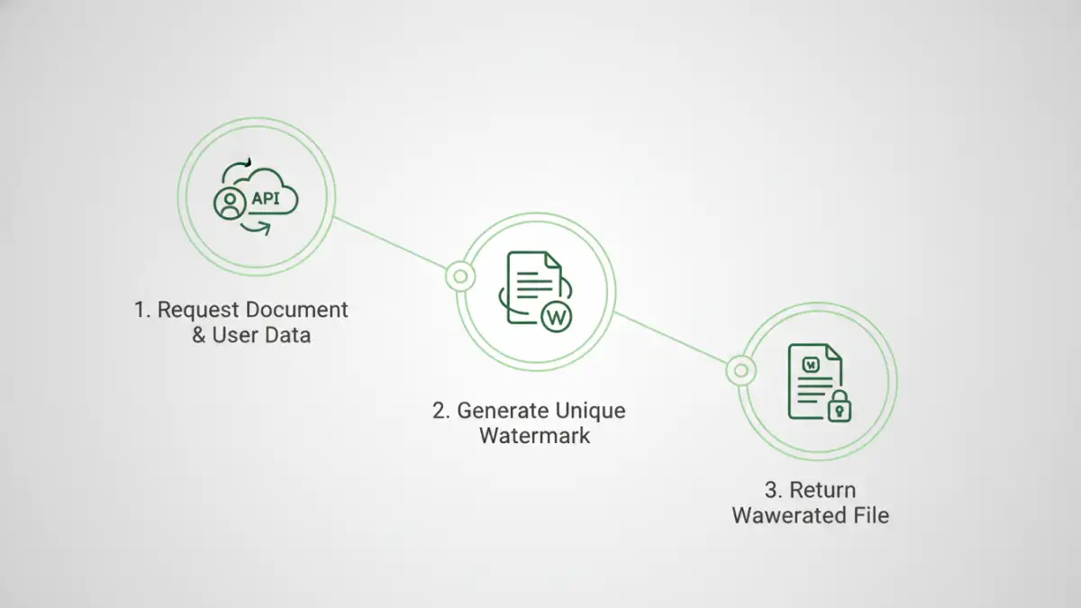 security watermark documents - A flowchart explaining how a dynamic watermarking API works in three steps.