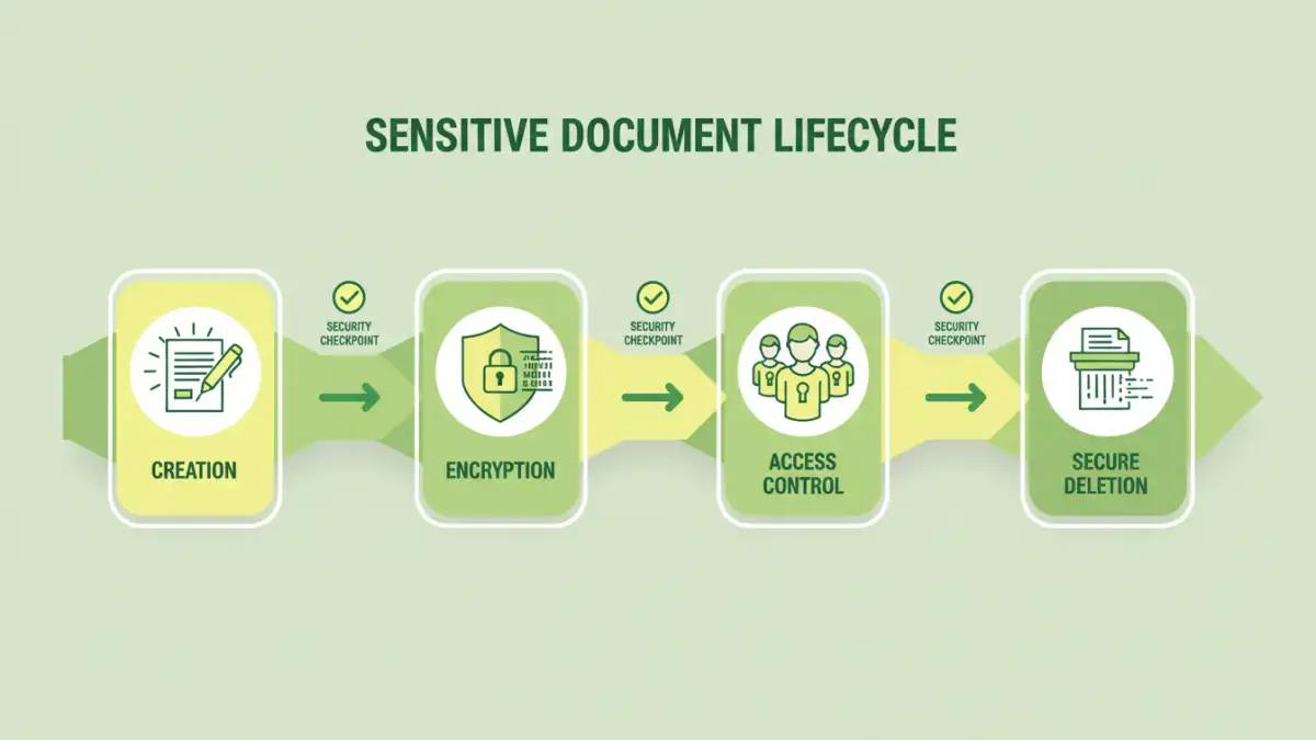 sensitive document portfolio protection - Infographic detailing the steps for sensitive document protection throughout its lifecycle