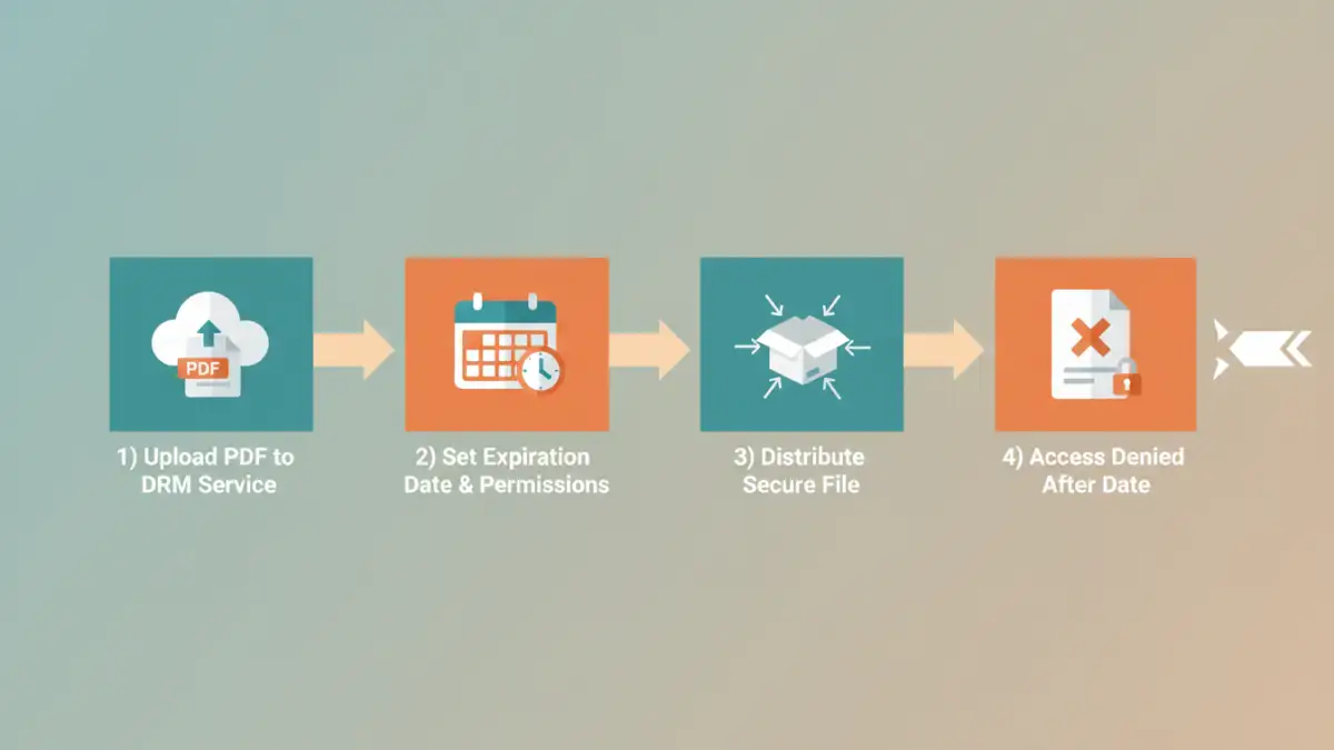Infographic showing the 4-step process to set pdf password expiration using a DRM service.