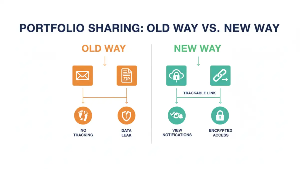 share document portfolio share document portfolio - Infographic comparing insecure email attachments with a secure document sharing platform.