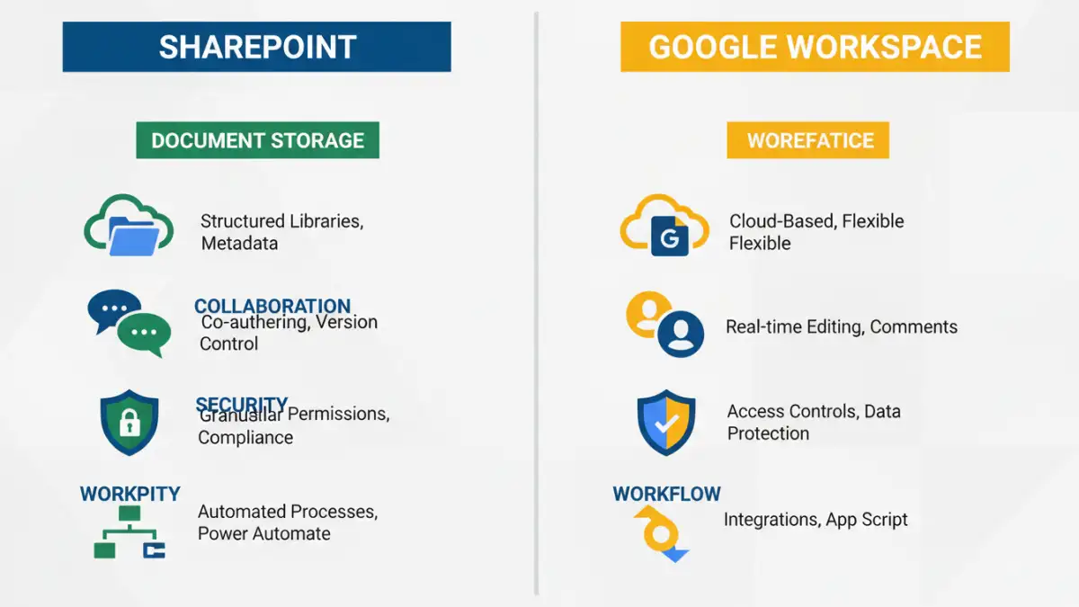 sharepoint vs google workspace sharepoint vs google workspace - Infographic detailing features of SharePoint and Google Workspace