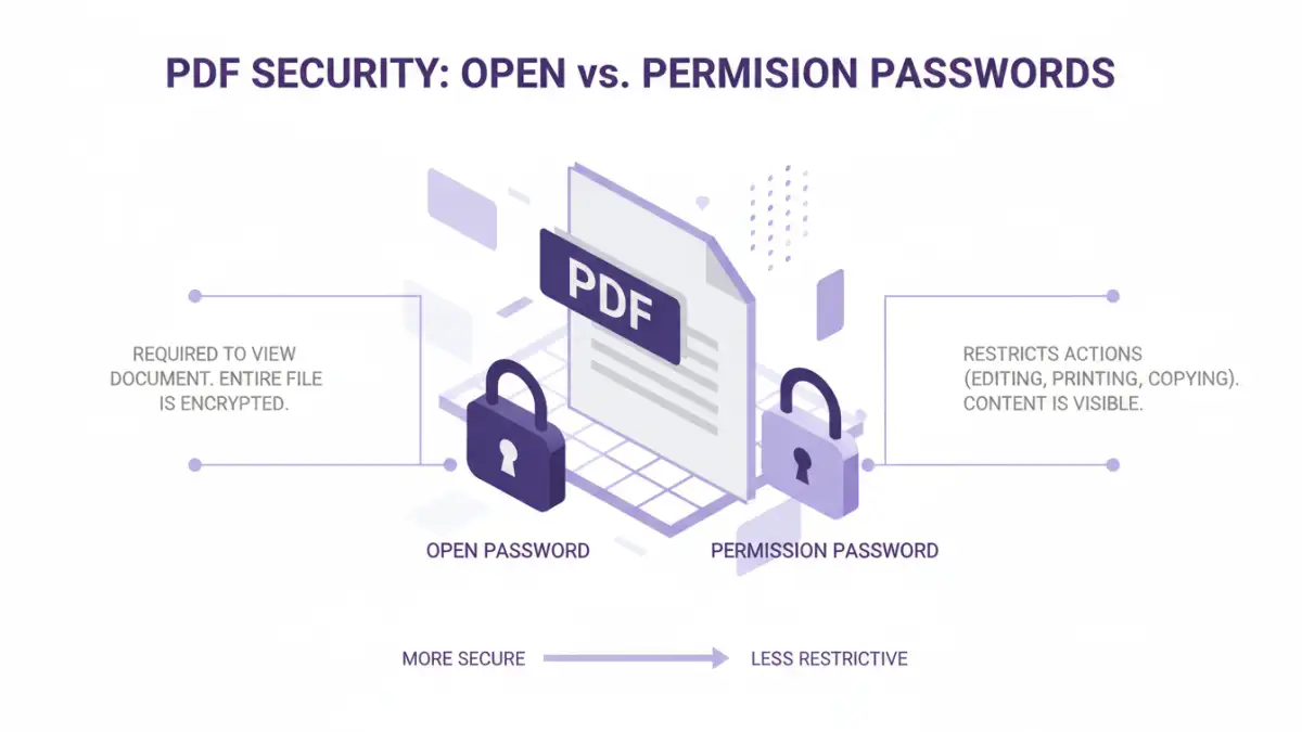 sharing encrypted pdf permissions - Infographic comparing PDF open vs. permission passwords