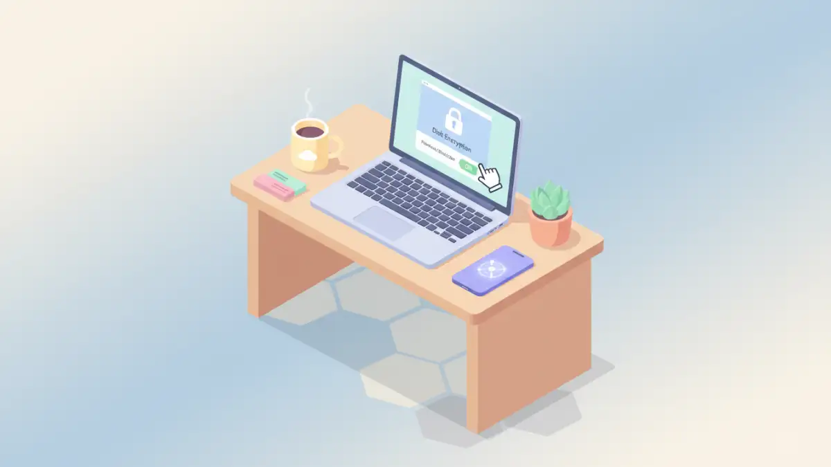 small business file encryption - Illustration of a user easily enabling built-in disk encryption on their laptop, a key first step for SMB security.